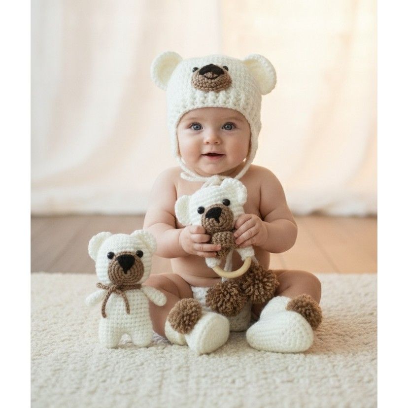 set ourson crochet pour nouveau-né en blanc et marron exclusif