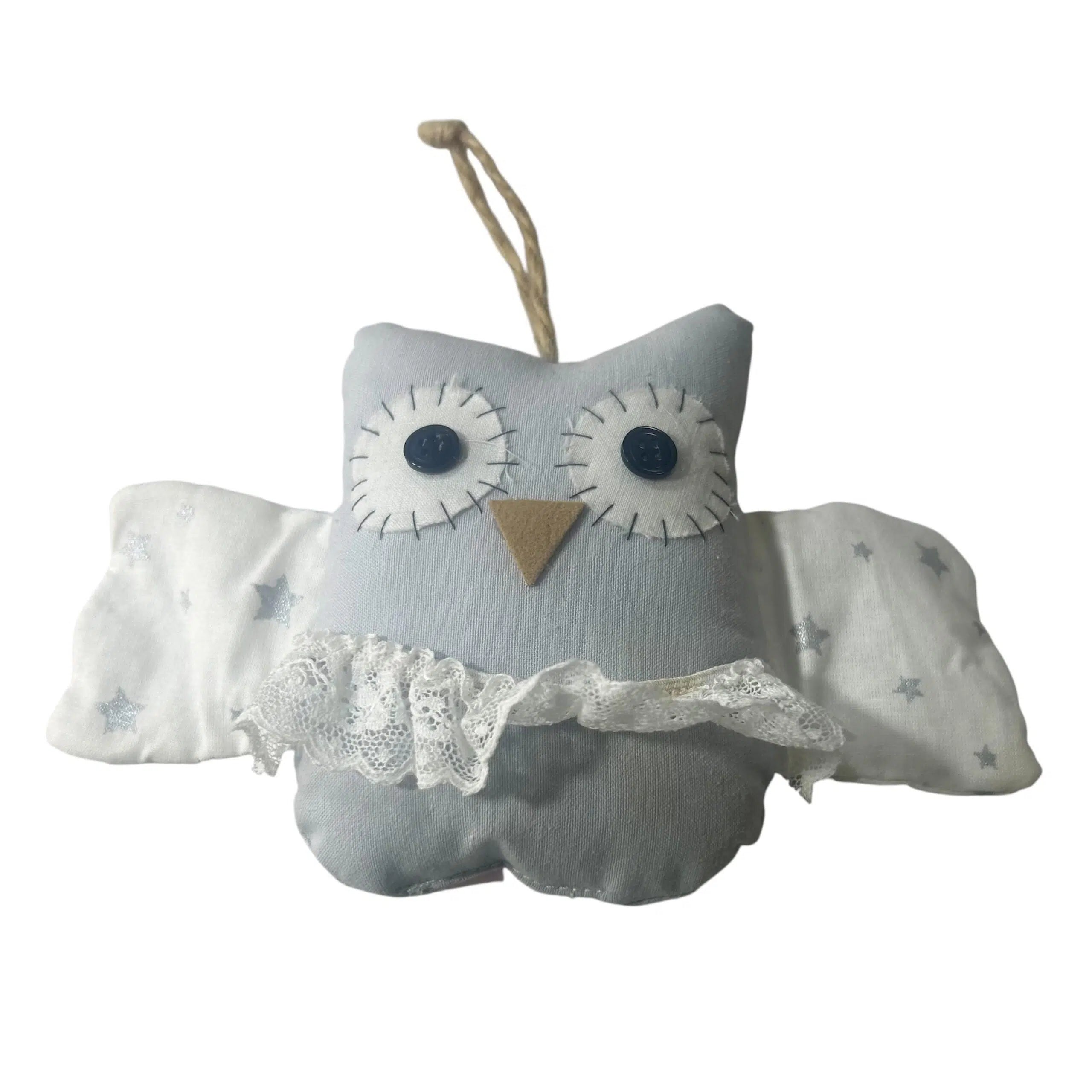 Hibou décoratif artisanal en tissu avec ailes et dentelle