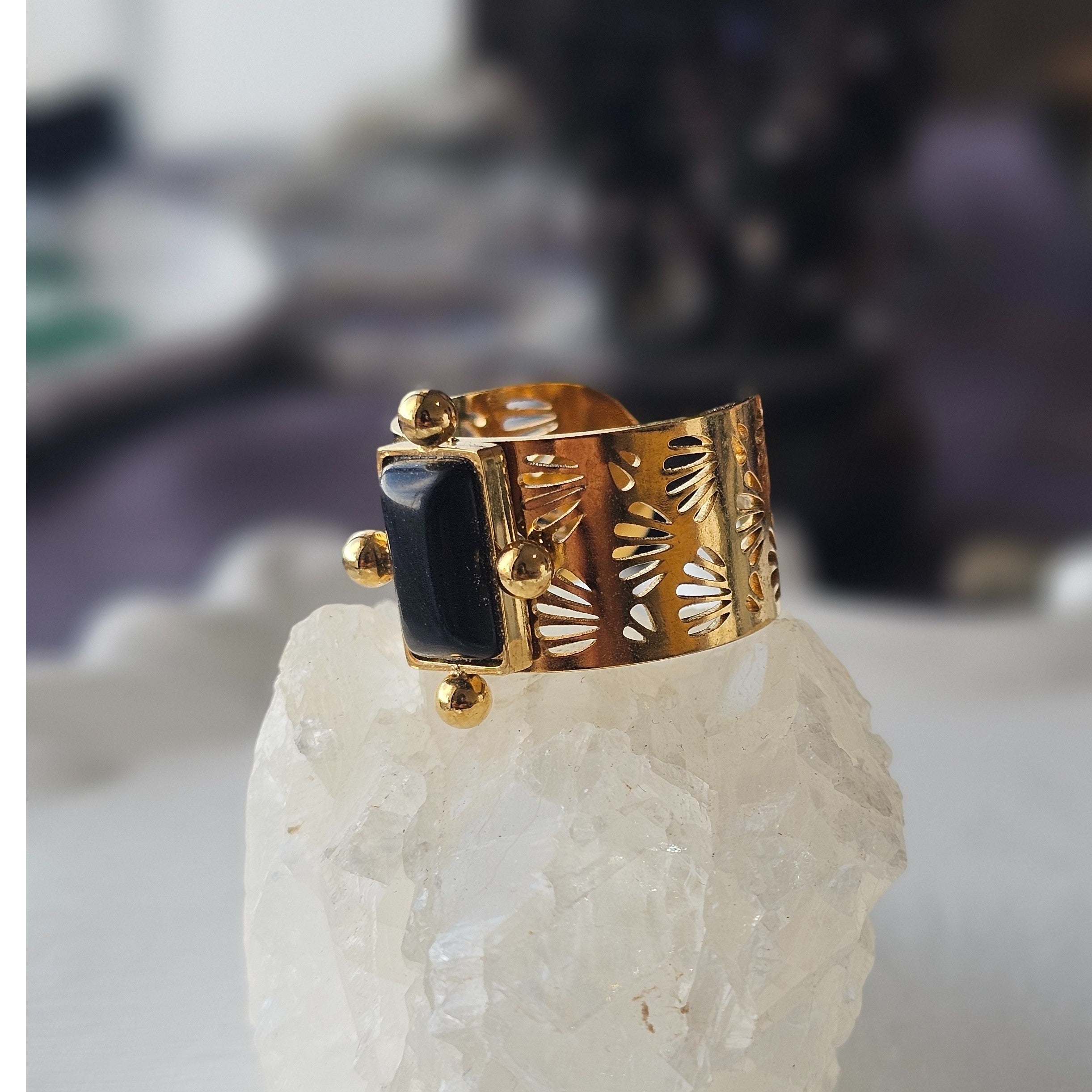 bague ajustable en acier inoxydable et agate noire