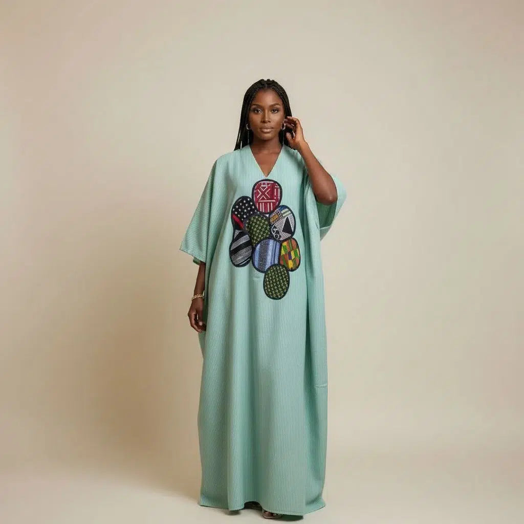 Jebba traditionnelle femme verte, robe longue ethnique chic et élégante