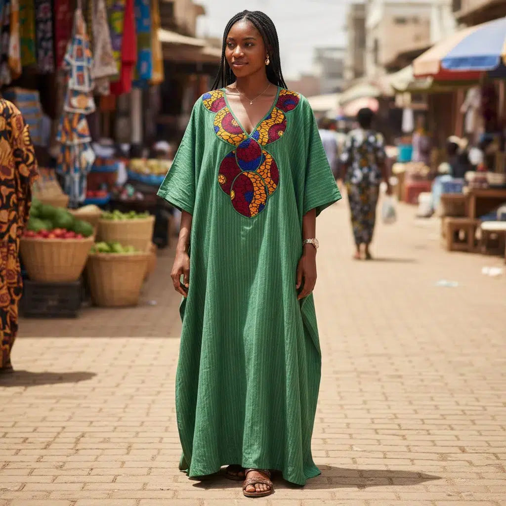 Jebba traditionnelle femme verte, robe longue ethnique chic et élégante