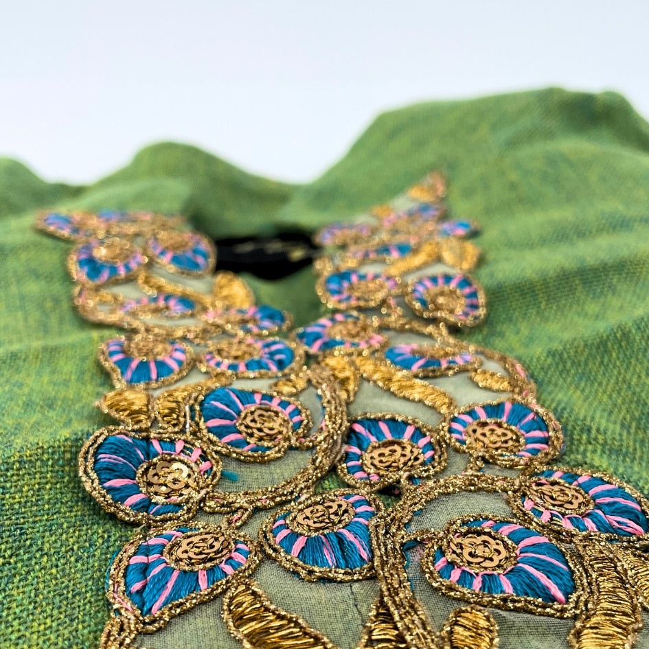 Jebba Vert traditionnelle en lin avec design coloré - artisanat Tunisien fait main | ILEYCOM