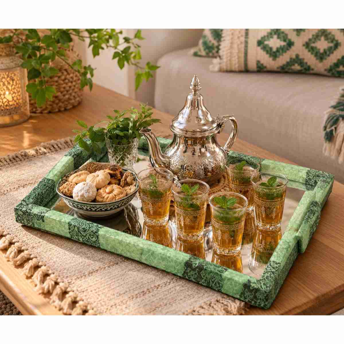 Plateau vert artisanal avec miroir design arabesque élégant