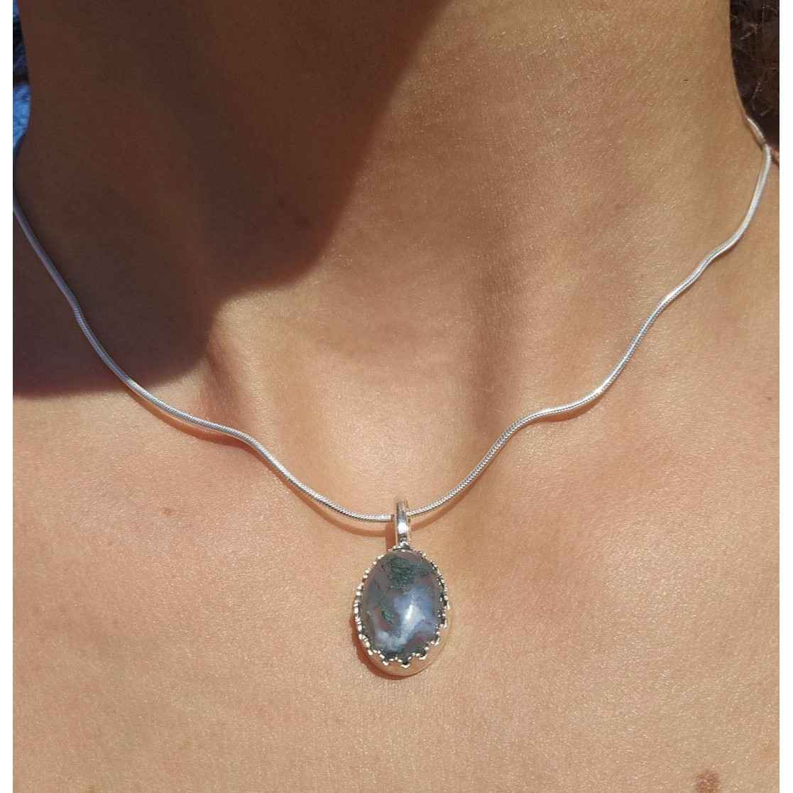 collier argent 925 et agate mousse unique qualité premium