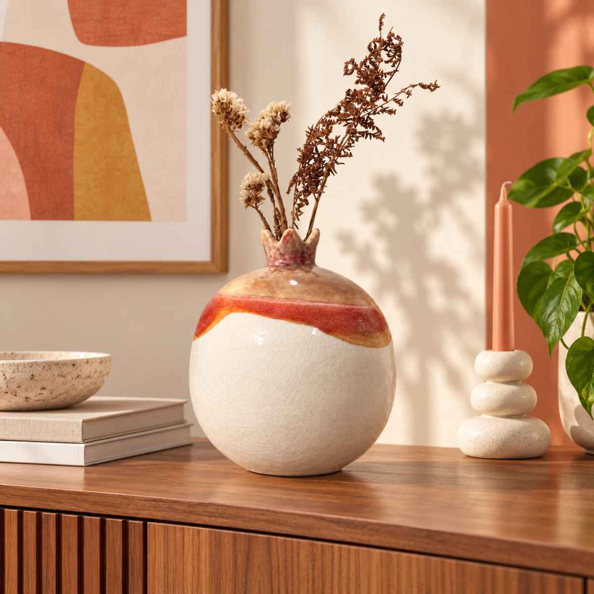 vase grenade XL en raku bicolore terracotta pour un décor unique