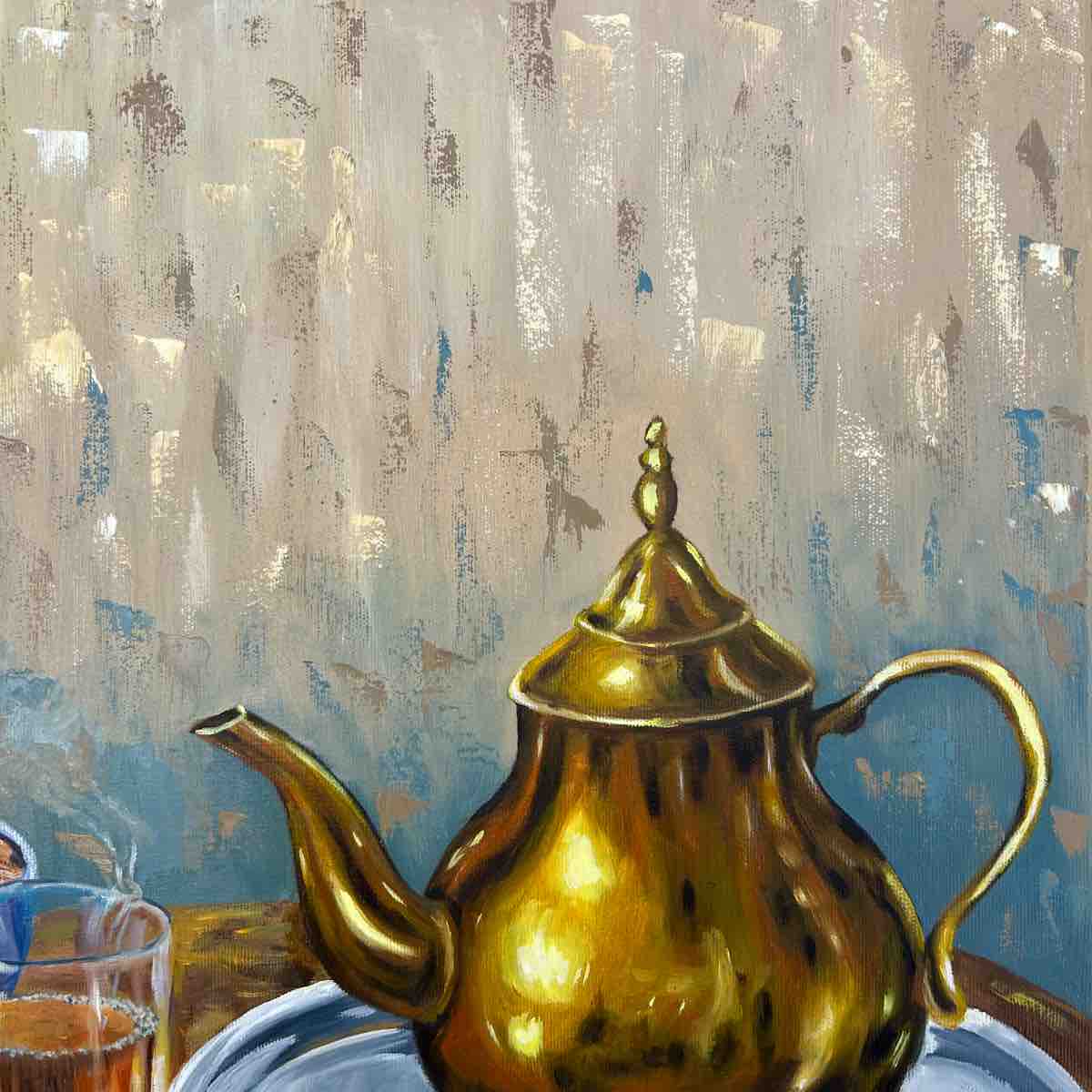 Thé tunisien peinture à l'huile artisanale pour un moment chaleureux