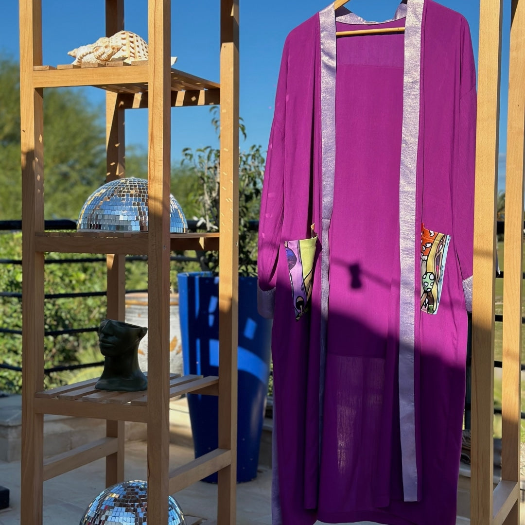 Kimono festif chic violet fait main motif "Champignons" - artisanat Tunisien fait main | ILEYCOM