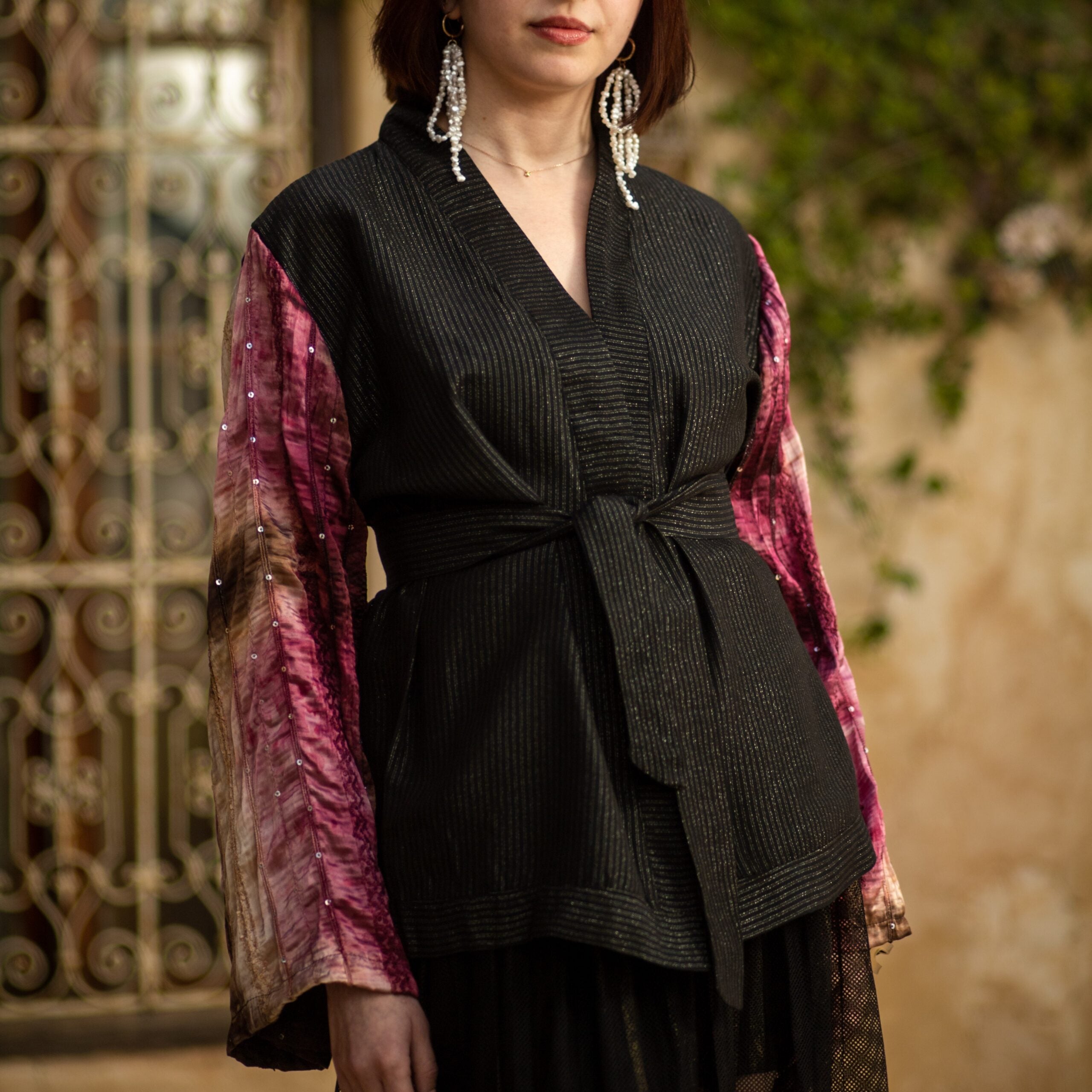 Kimono court à rayures avec manches colorées dégradées