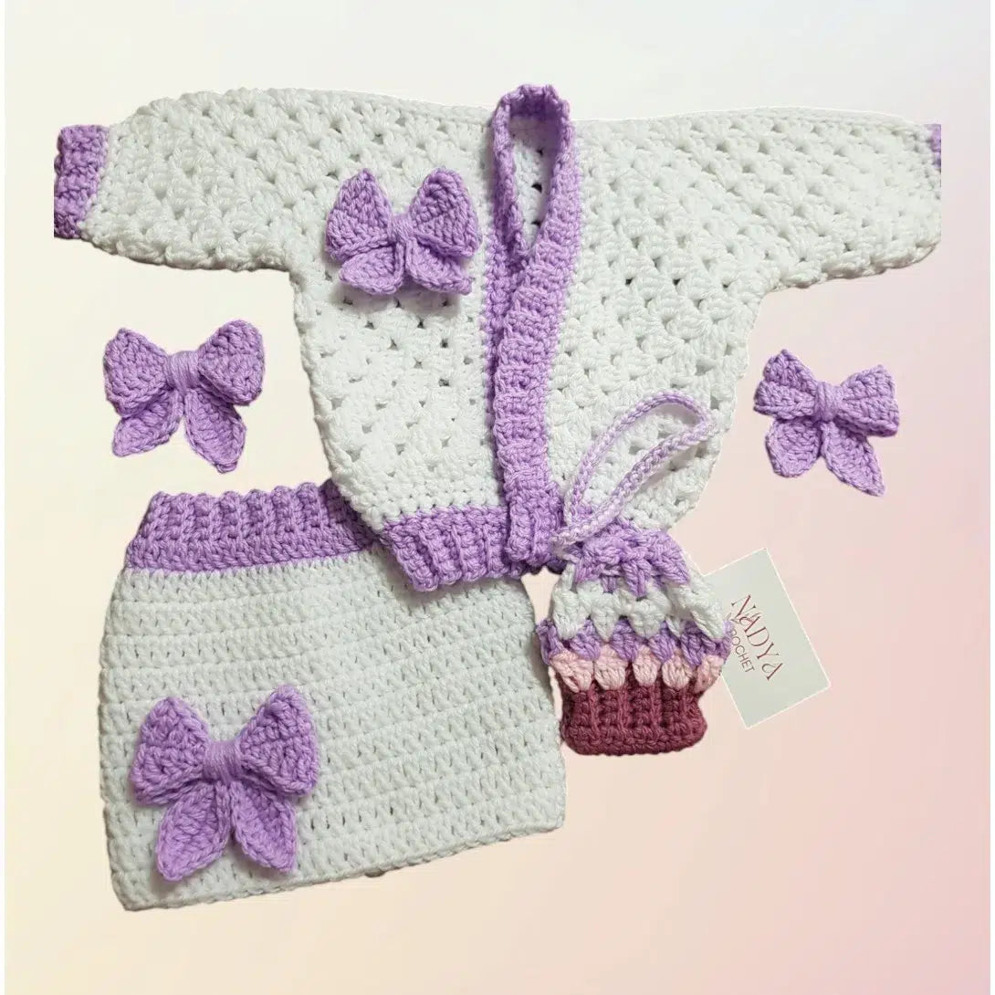 ensemble bébé crochet blanc et lavande pour filles 6-12 mois