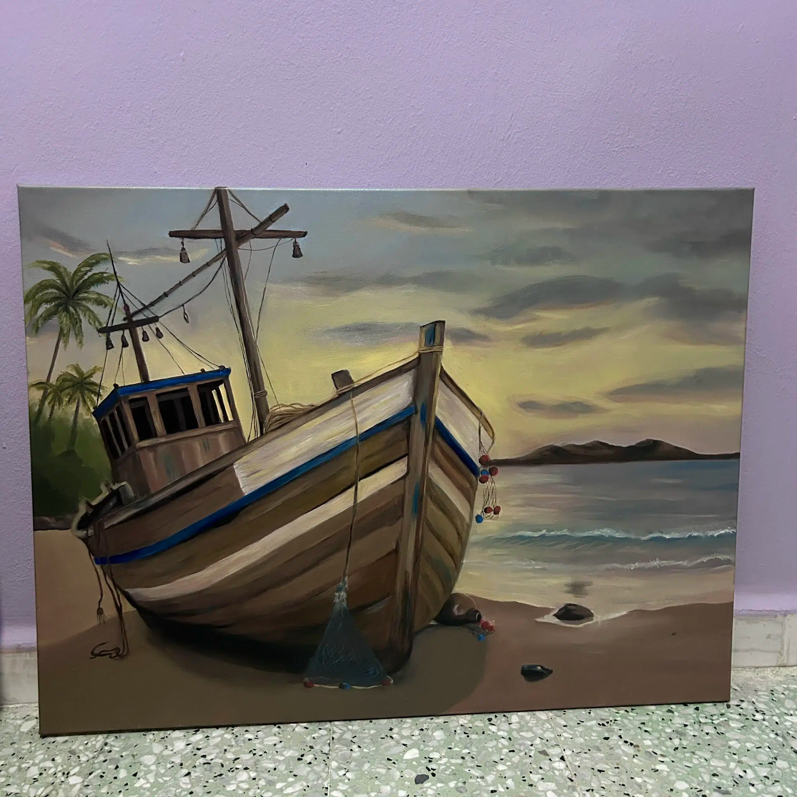 Tableau Décoratif en Toile de Coton - Épave au Crépuscule Mélancolique