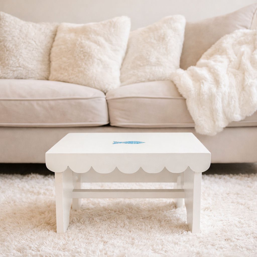 Mini banc Tabouret en bois blanc – Motif poisson en mosaïque - 37 × 21 × H 26 cm