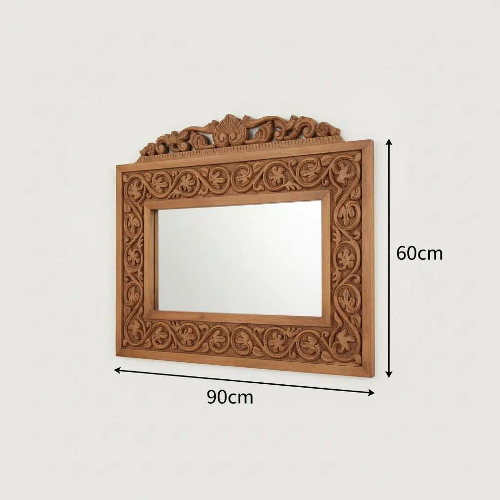 Miroir en bois sculpté à la main style antique 90 x 60 cm