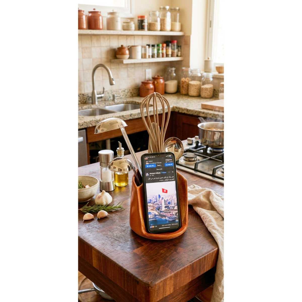 Support téléphone premium pour cuisine avec porte couverts élégant