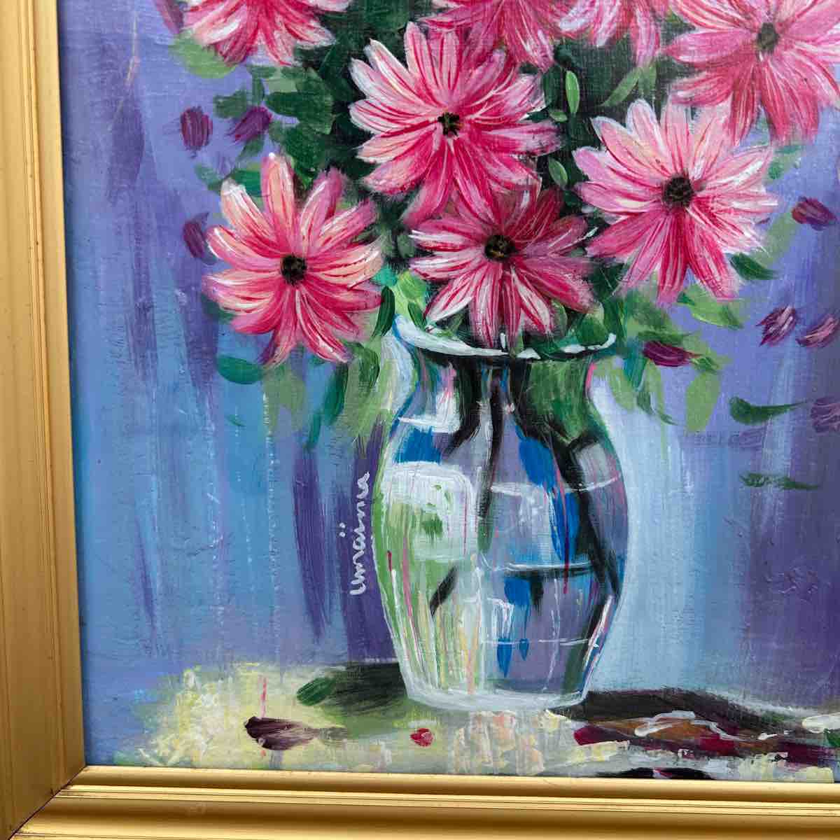tableau floral unique en acrylique cadre vintage 1980 27x34 cm