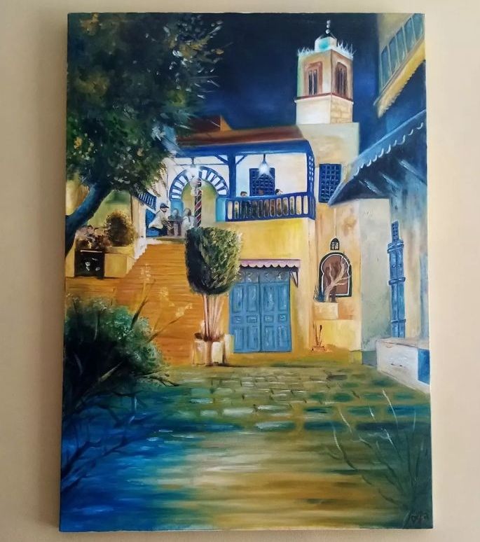 Peinture à l'huile Sidi Bou Said by night œuvre d'art exclusive