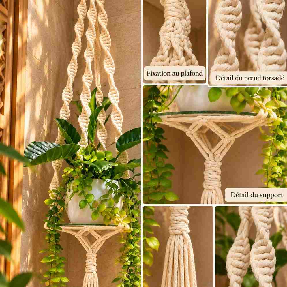 Porte plante macramé beige en coton naturel pour un intérieur chic