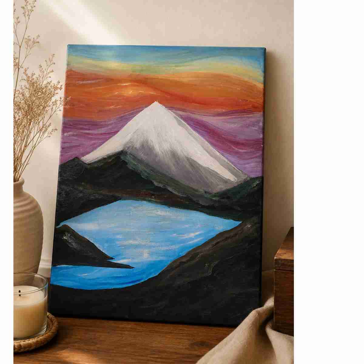 Tableau paysage montagne et lac coucher de soleil unique artisanal