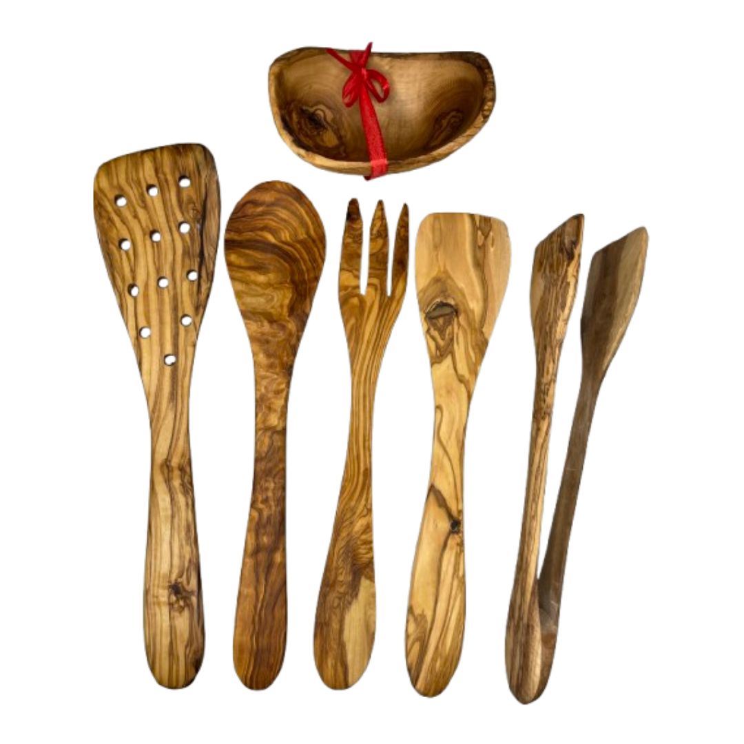 Ustensiles de cuisine en bois d'olivier Artisanal (Pince, couverts, spatules, ravier)