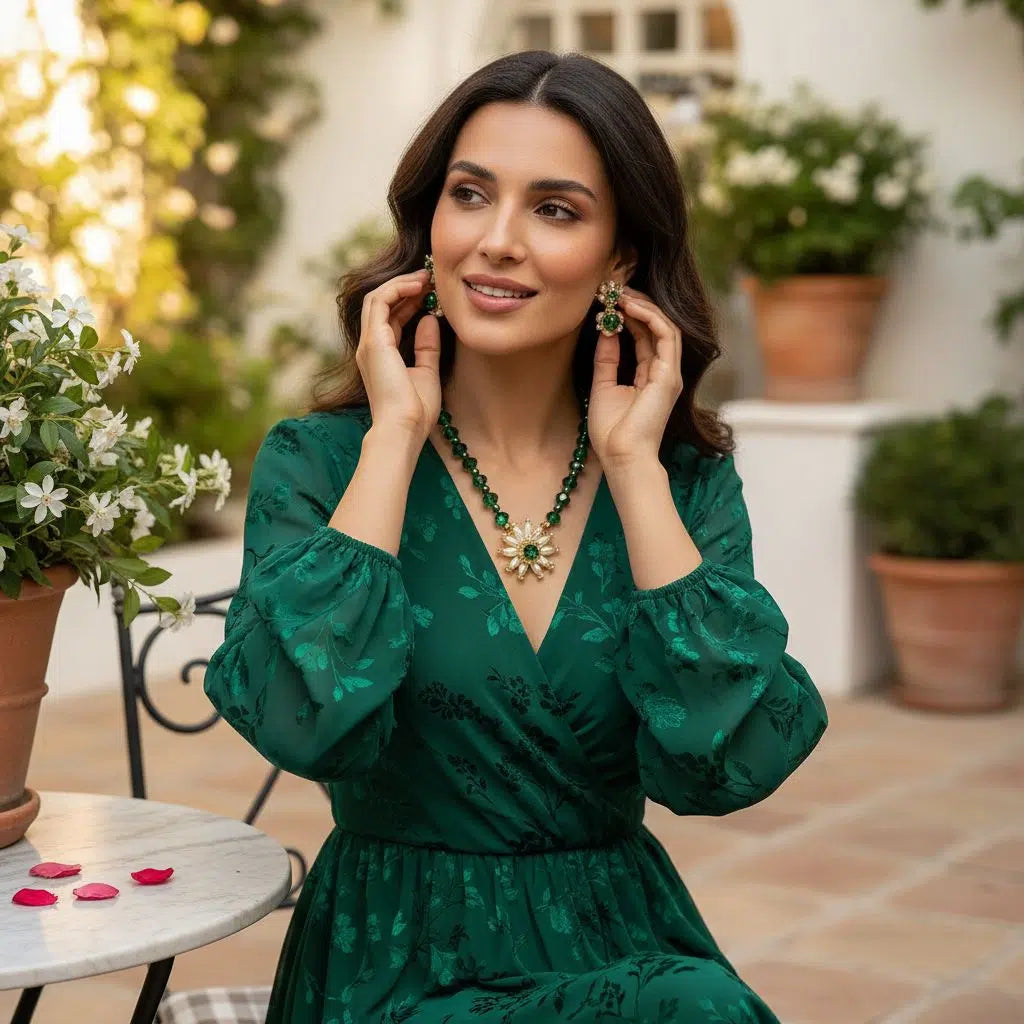 Parure verte collier et boucles d'oreilles cristaux