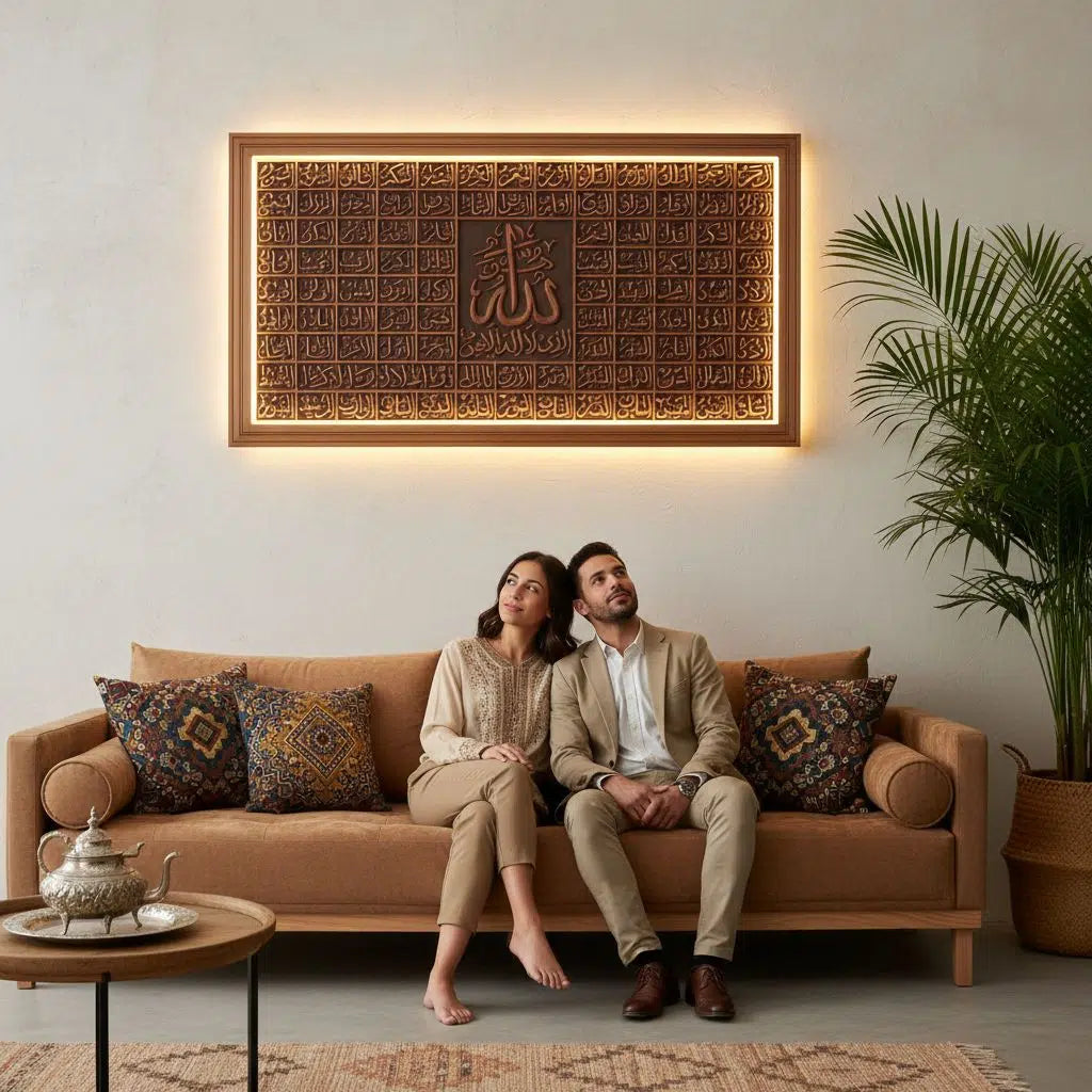 tableau islamique en bois sculpté avec éclairage élégant 110x210cm