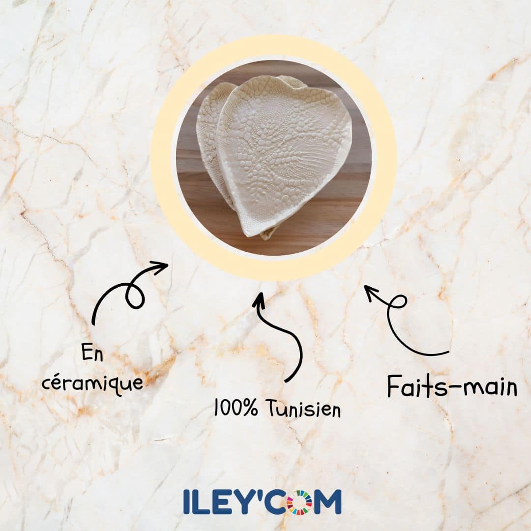 Plat en céramique forme cœur blanc - artisanat Tunisien fait main | ILEYCOM