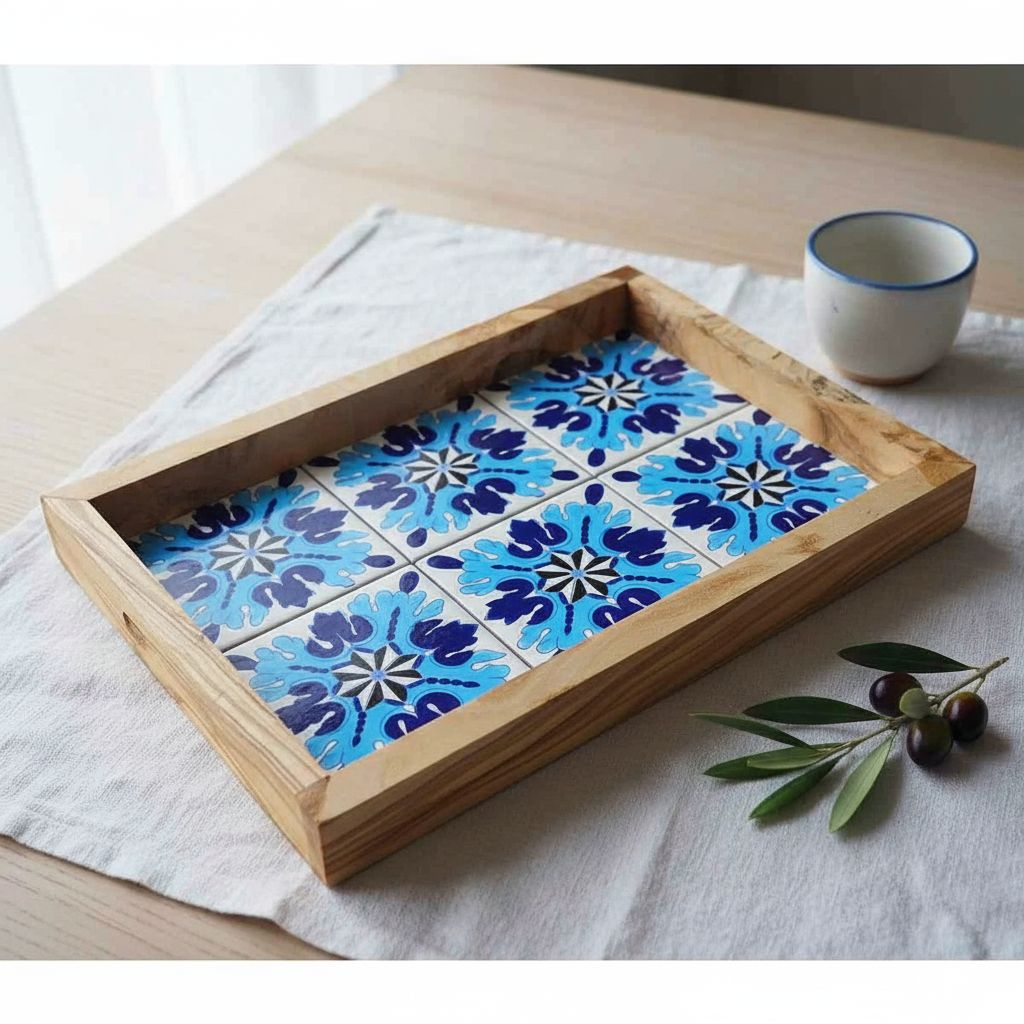 Plateau en bois design en céramique bleu ciel pour votre table