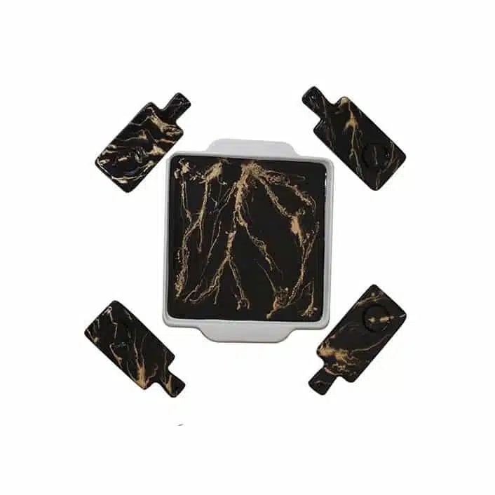 Pack plateau et quatre Sous Tasses noir et doré en céramique et résine