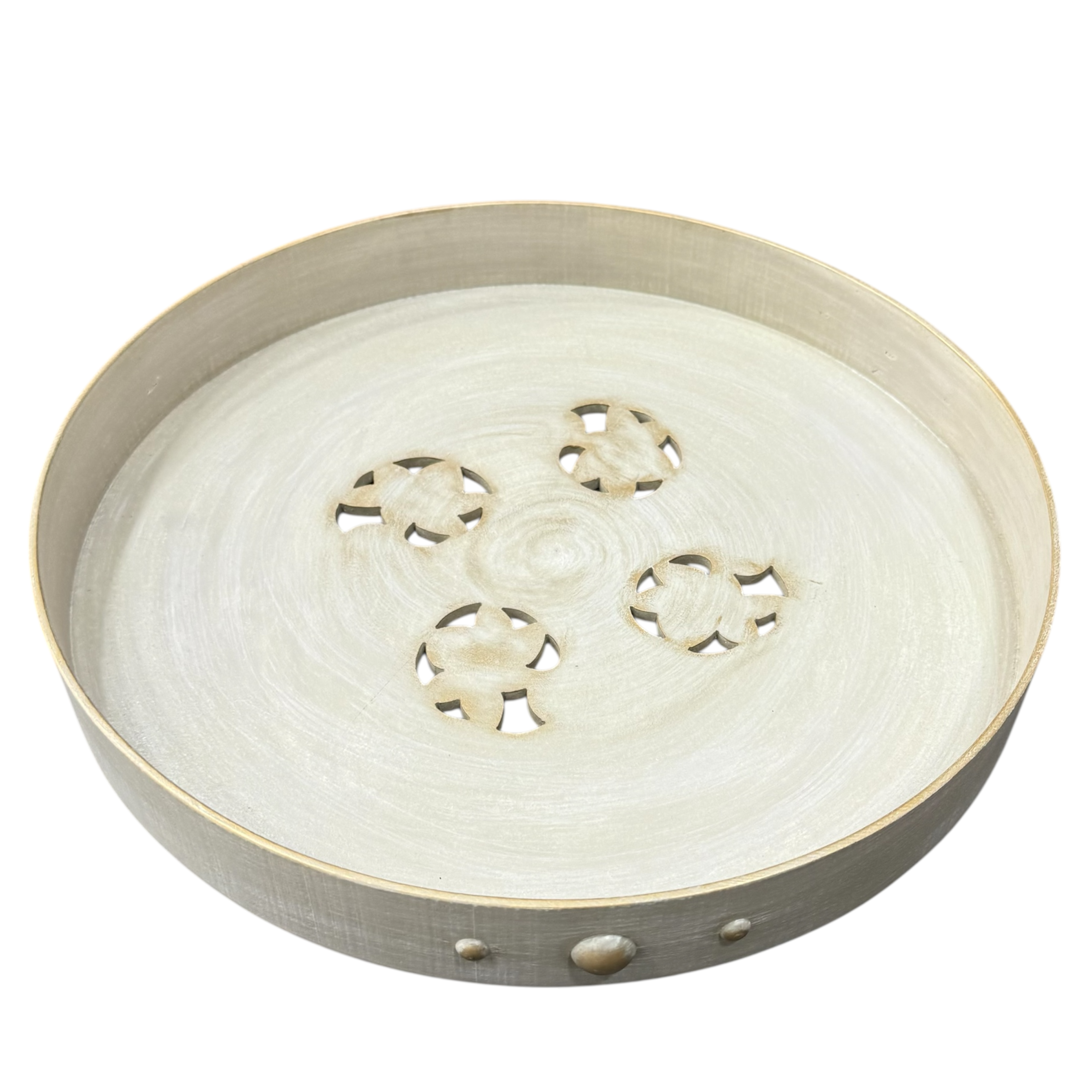 Plateau rond en grège patiné avec clous - Diamètre 38 cm