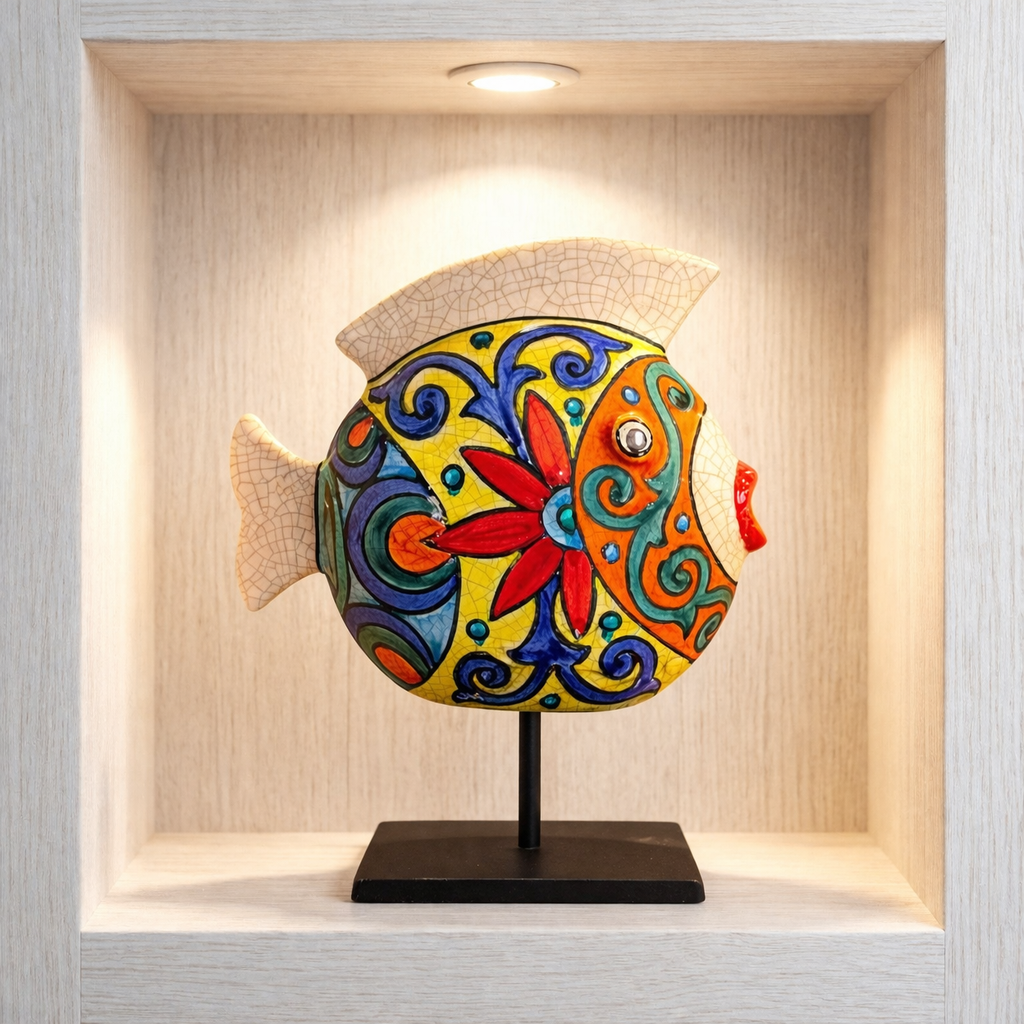 Sculpture poisson coloré en céramique sur socle métallique
