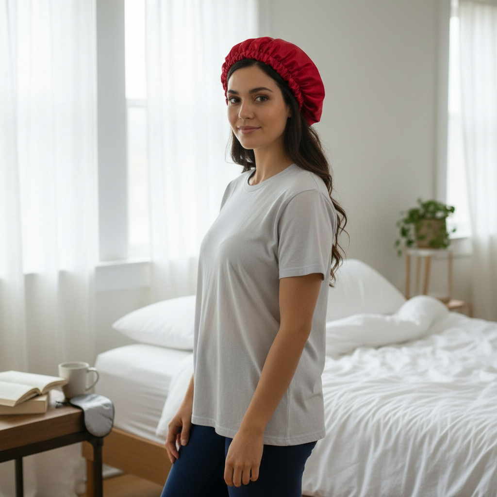 Bonnet Nuit Satin Rouge Élégant - Luxe et Protection Capillaire