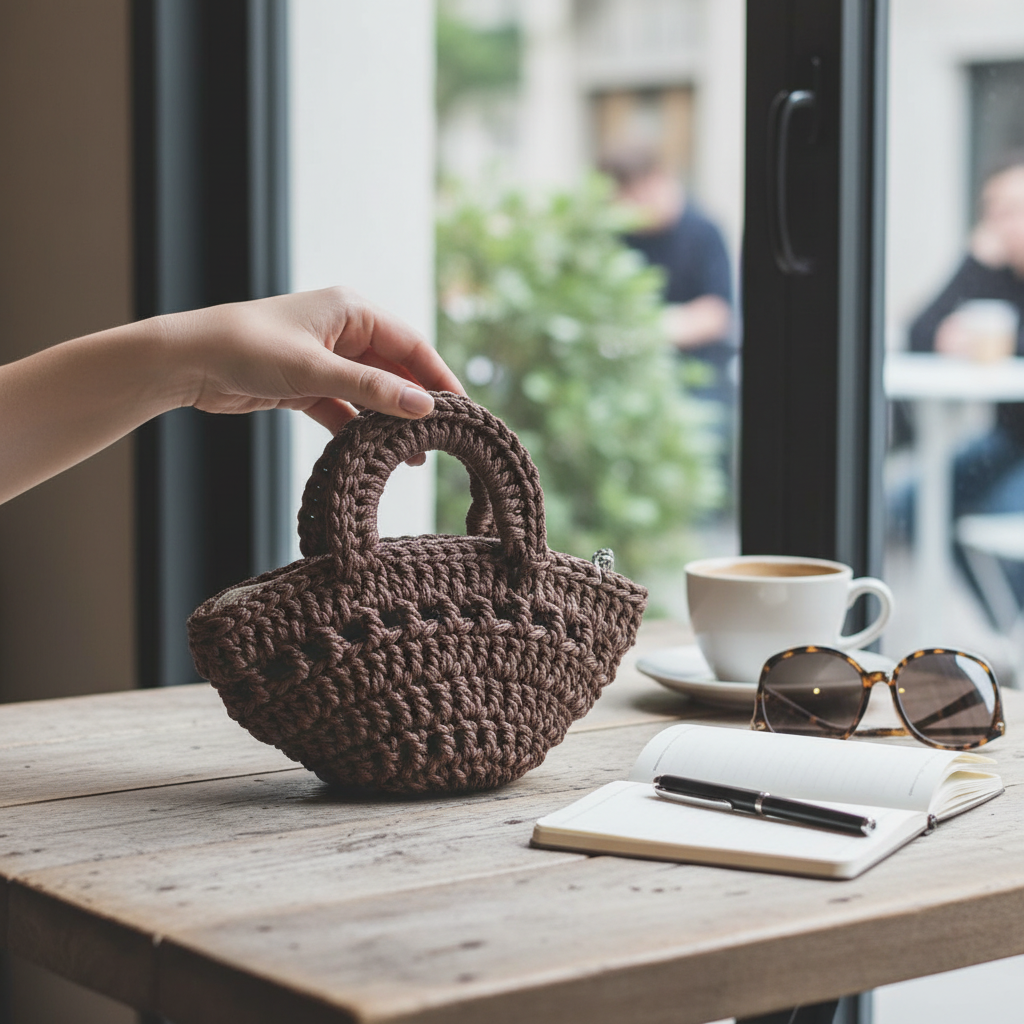 Mini Sac Tressé Crochet Artisanal Marron - Élégance Éco-Responsable