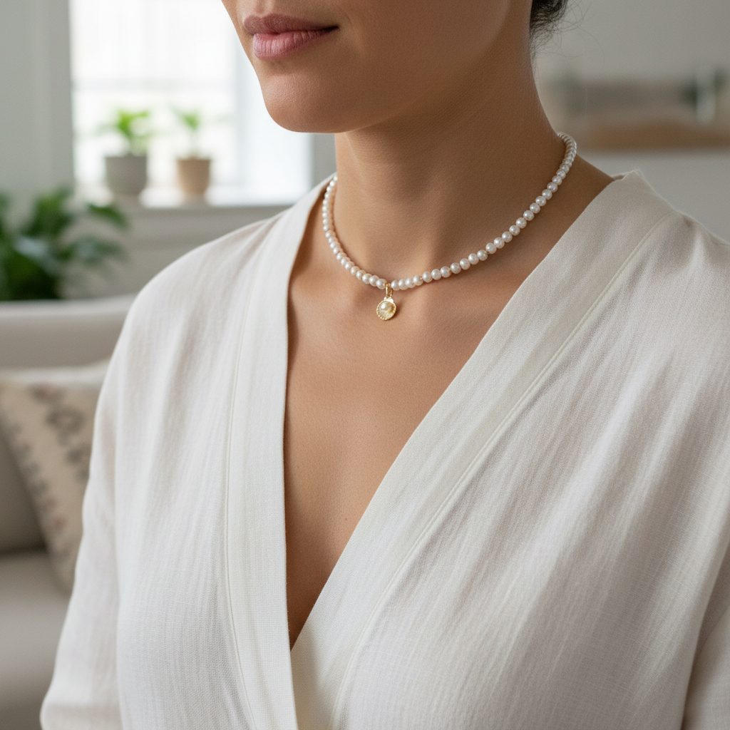 Collier en Perles et Or avec Pendentif Coquillage