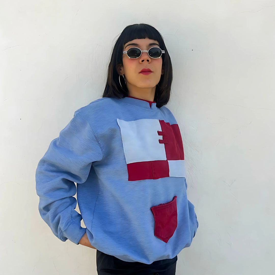 Pull oversize bleu unisexe en coton & denim upcyclé - artisanat Tunisien fait main | ILEYCOM