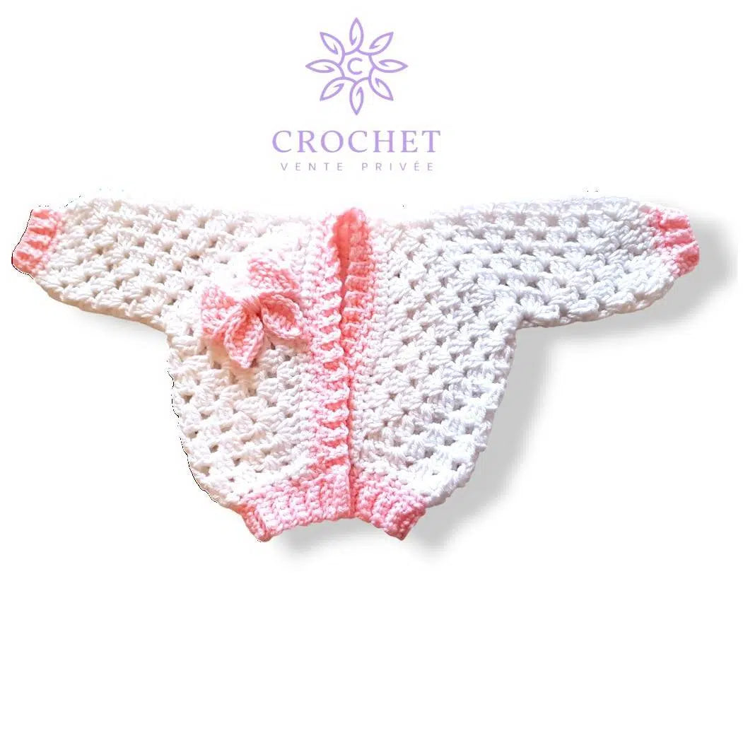 Set en crochet (Cardigan+jupe+cache biberon+bande a cheveux) bébé blanc et rose pour fille 6-12 mois tendance