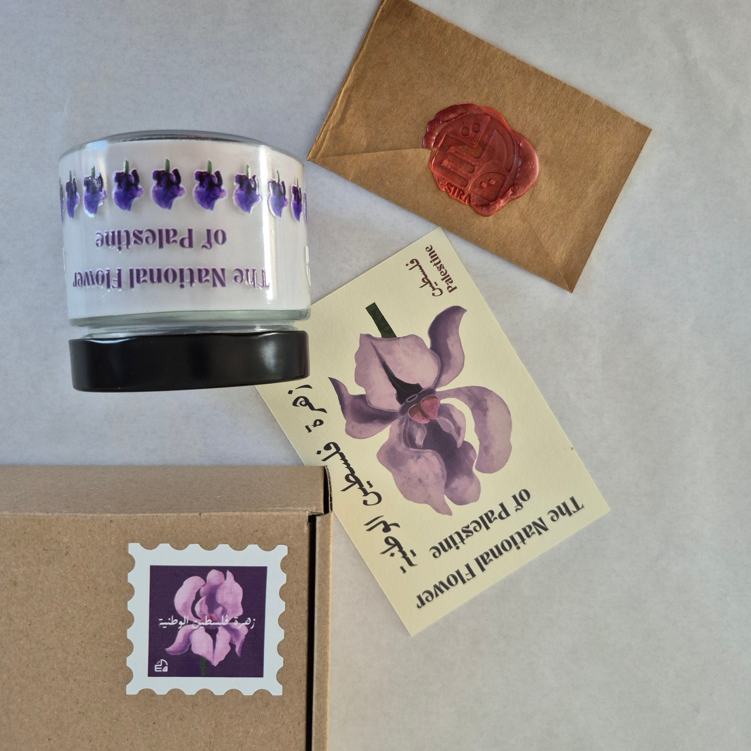 Bougie "The national flower of Palestine" avec carte postale et enveloppe photos