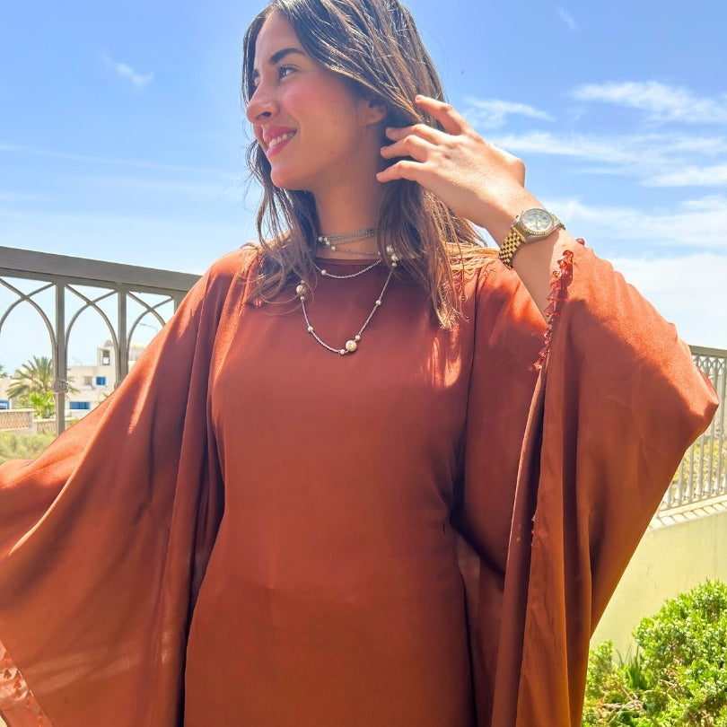 Robe marron longue satin (création unique) - artisanat Tunisien fait main | ILEYCOM