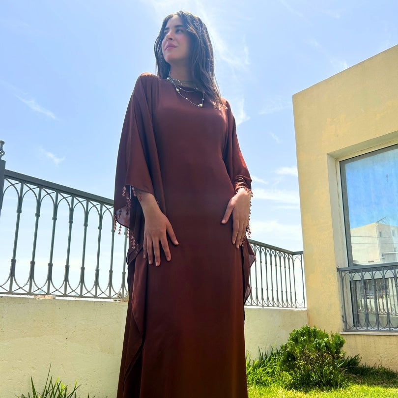 Robe marron longue satin (création unique) - artisanat Tunisien fait main | ILEYCOM