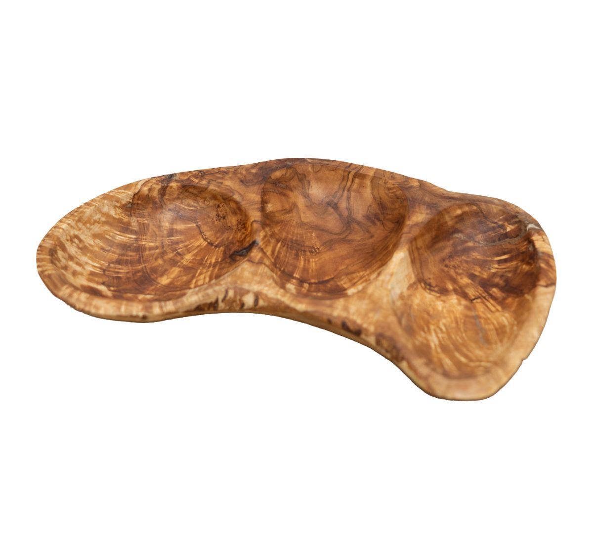 Plat apéritif en bois d'olivier trois compartiments naturel