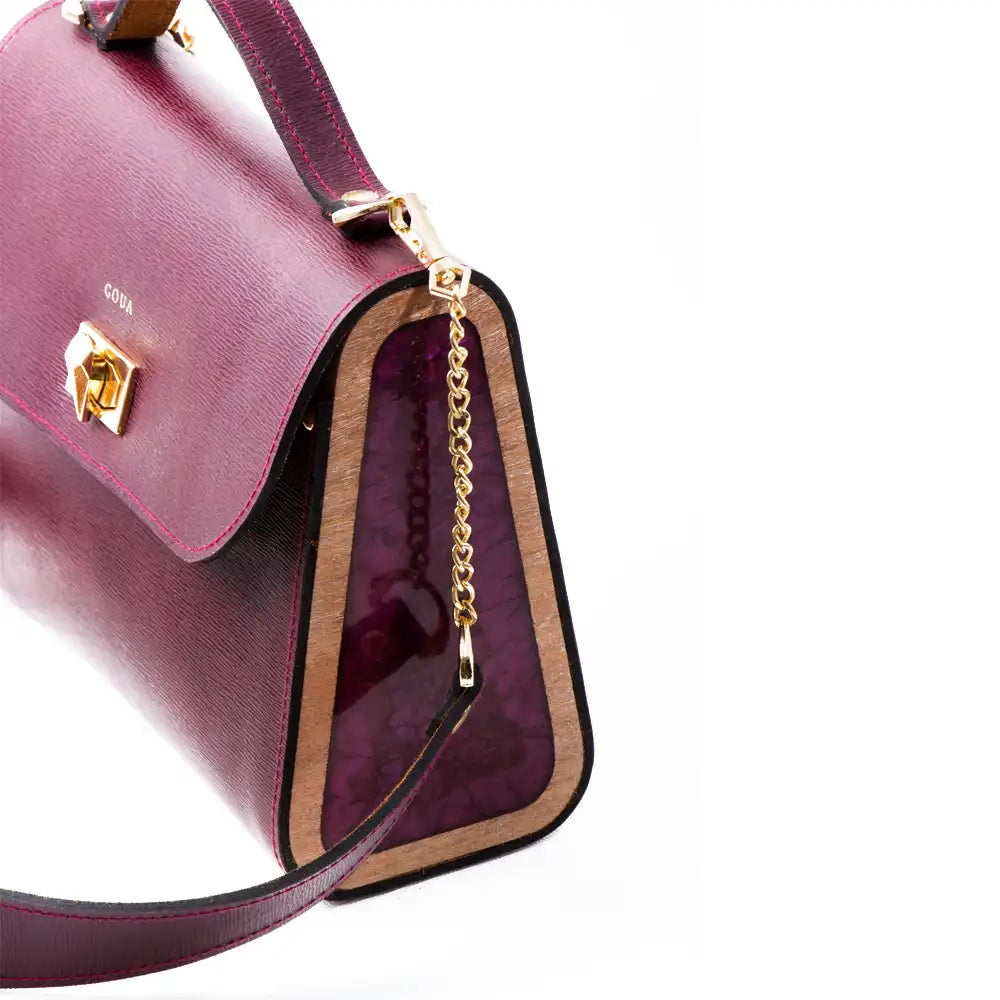 Sac à main rouge bordeaux "Sangria" en véritable cuir et bois d'acajou - artisanat Tunisien fait main | ILEYCOM