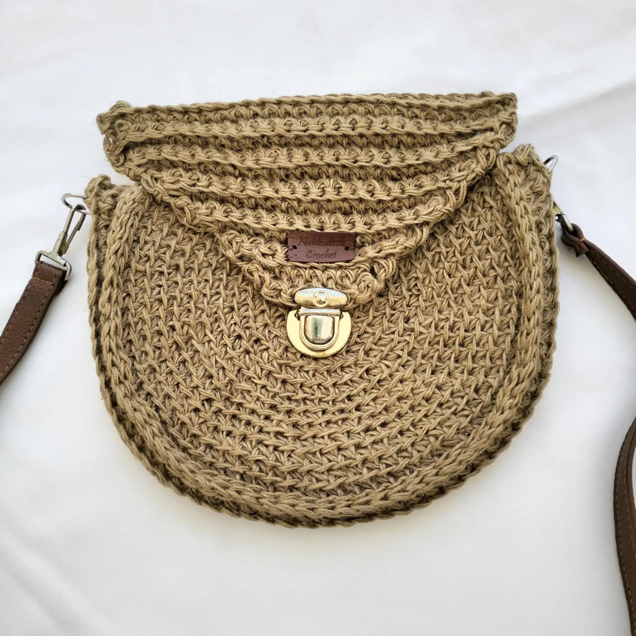 Sac rond beige en crochet en file de jute naturel