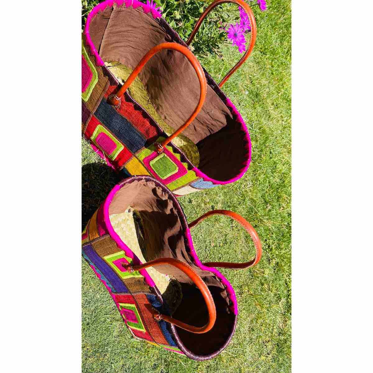 Couffin raphia brodé main luxe avec anses cuir exclusives
