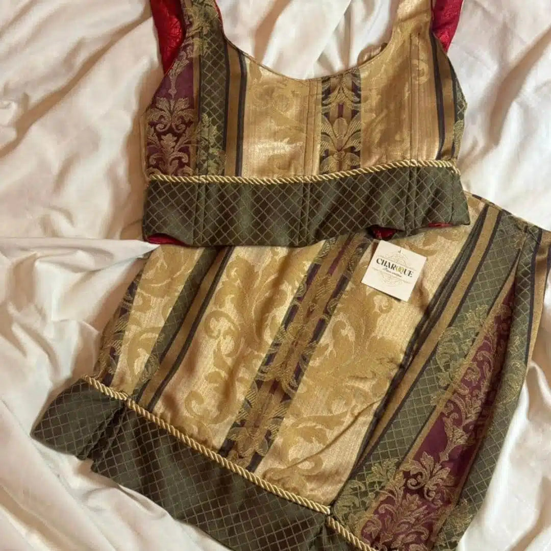 Ensemble vintage SYMPHONIE Haut & Jupe dorés avec finitions rayures dorées