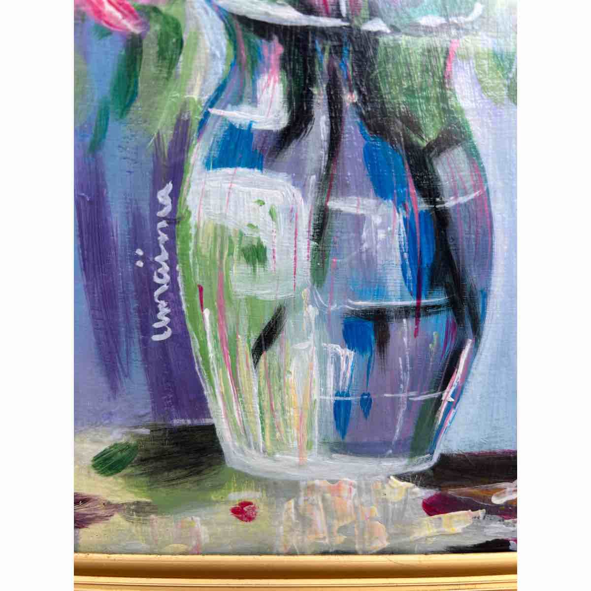 tableau floral unique en acrylique cadre vintage 1980 27x34 cm