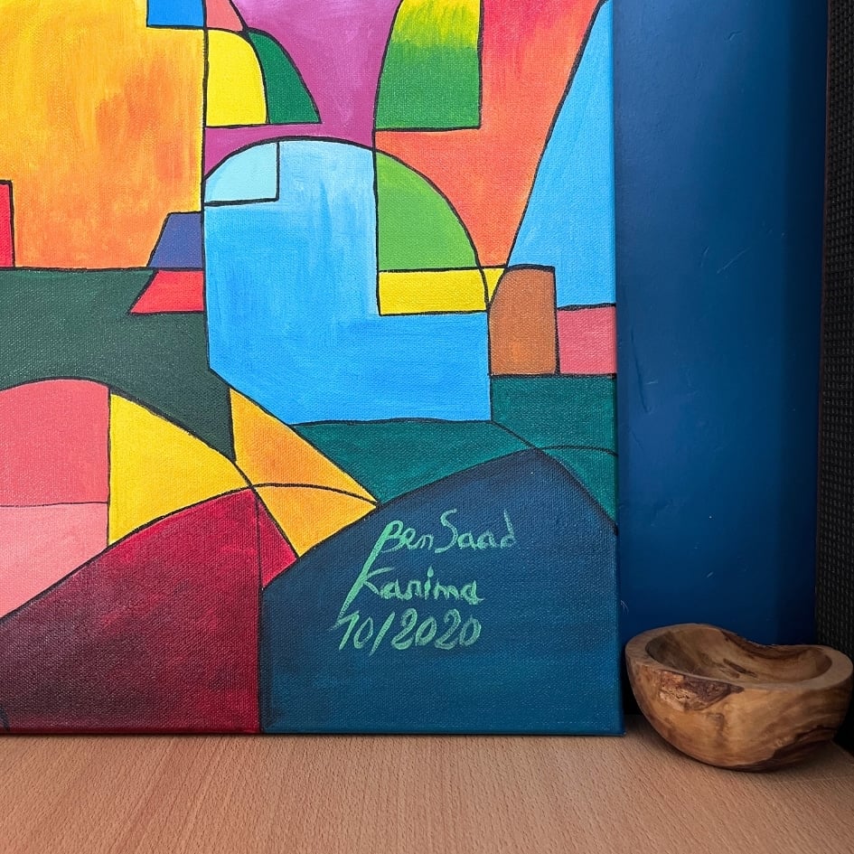 Tableau décoratif multicolore peinture acrylique sur toile 50x50 cm - artisanat Tunisien fait main | ILEYCOM