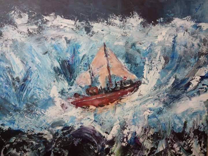 Tableau peinture à l’huile au couteau "Mer Agitée" - artisanat Tunisien fait main | ILEYCOM