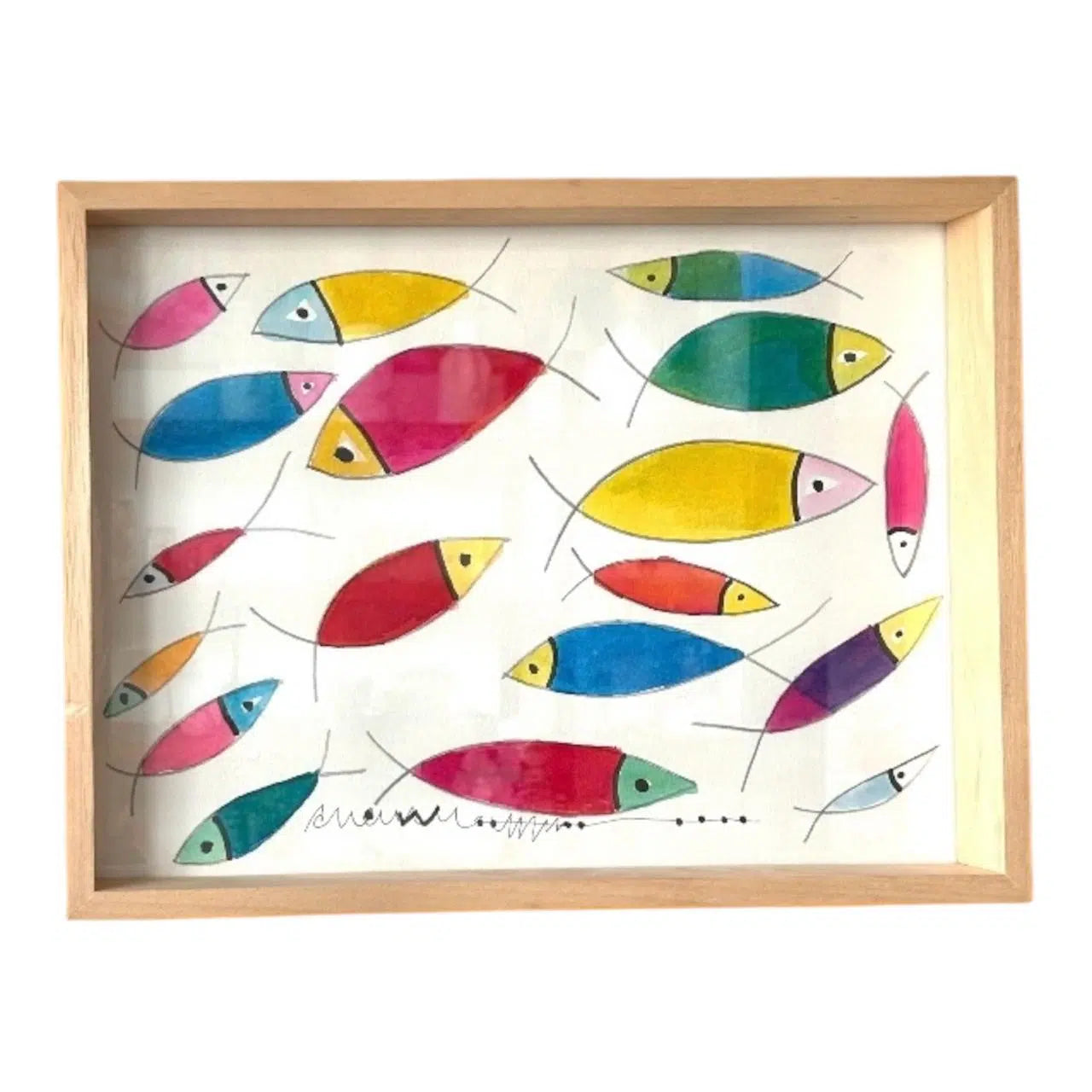 Tableau poissons colorés stylisés avec cadre en bois