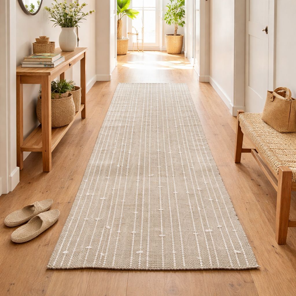 Tapis de couloir en laine - Rayures blanches et boucle - 75 X 175 cm