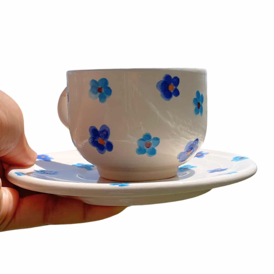 Tasse en céramique avec motifs en fleurs Bleu - artisanat Tunisien fait main | ILEYCOM