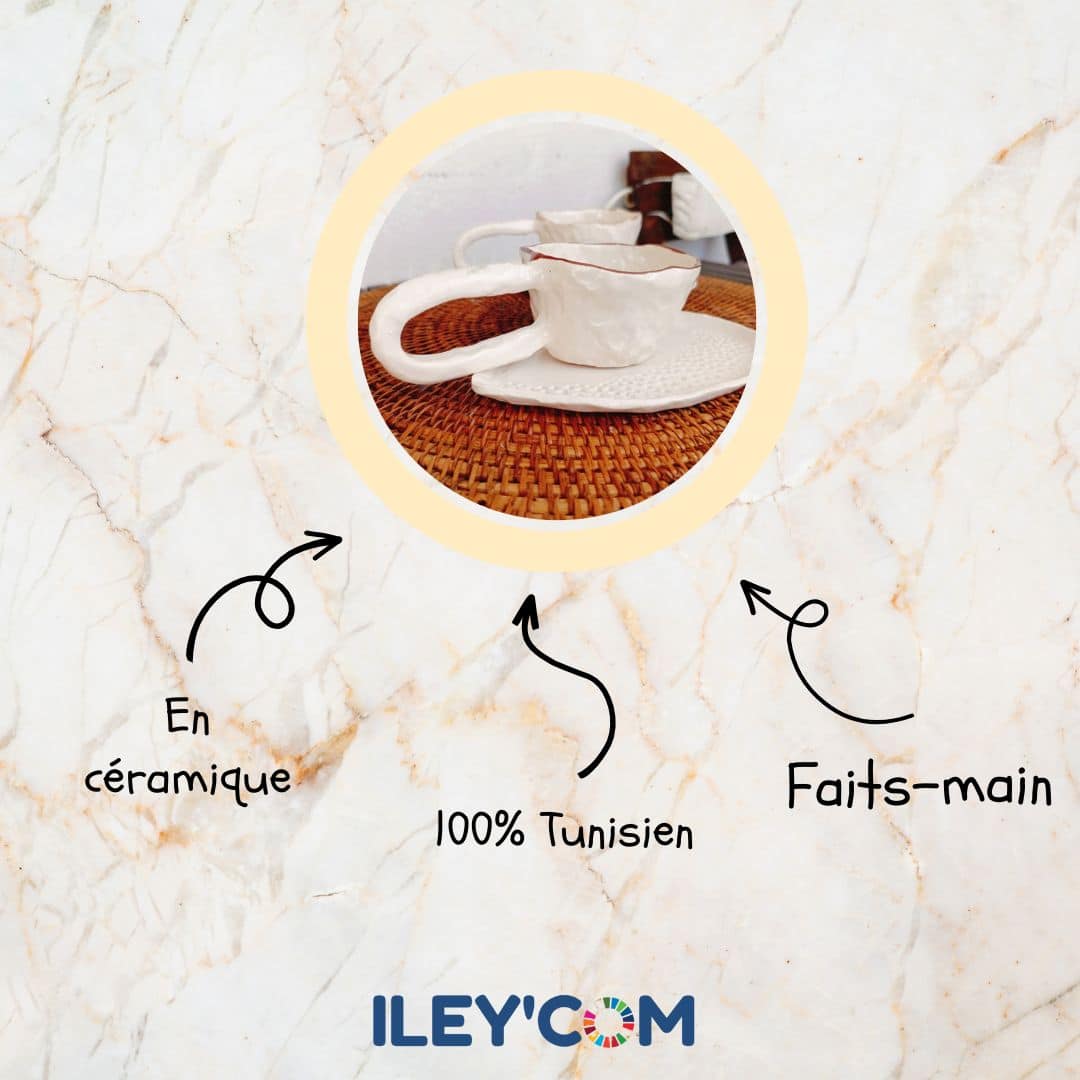 Tasse et sous-tasse en céramique – Blanc texturé (9 x 6 cm / 17 x 13 cm) - artisanat Tunisien fait main | ILEYCOM