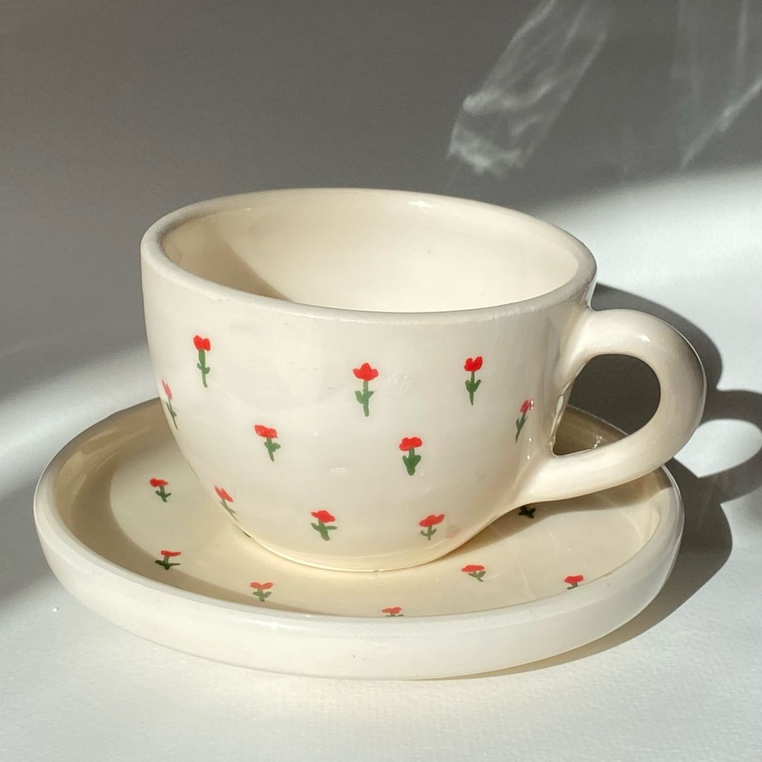 Tasse et sous-tasse en céramique "Pivoine" - artisanat Tunisien fait main | ILEYCOM
